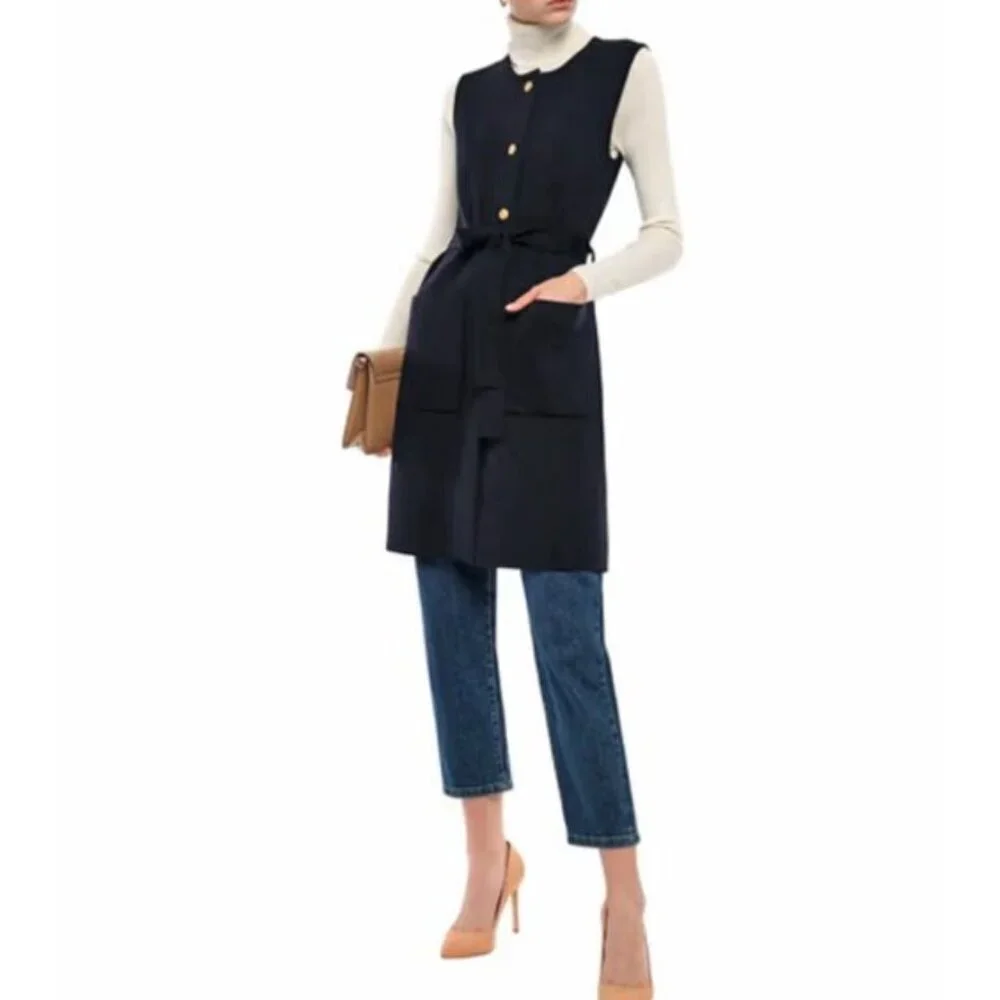 Tory Burch Valerie Merino Belted Longline Vest Dress Navy Knit Size XS